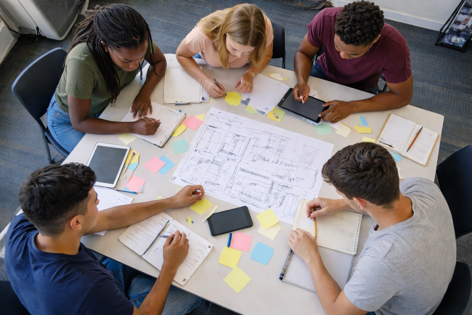 Lycéens travaillant en équipe autour d'un projet